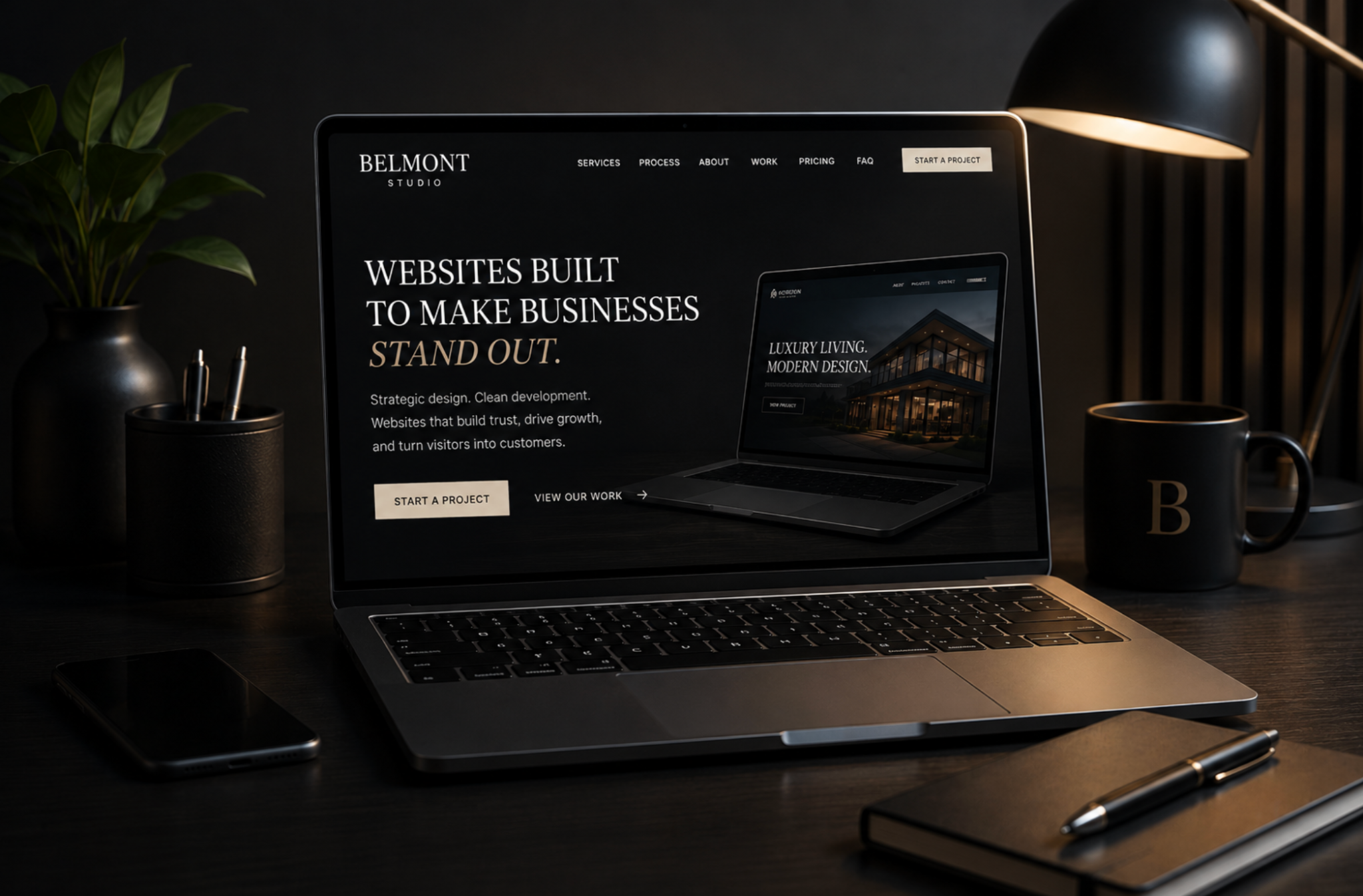 Belmont Studio website presentation on a laptop